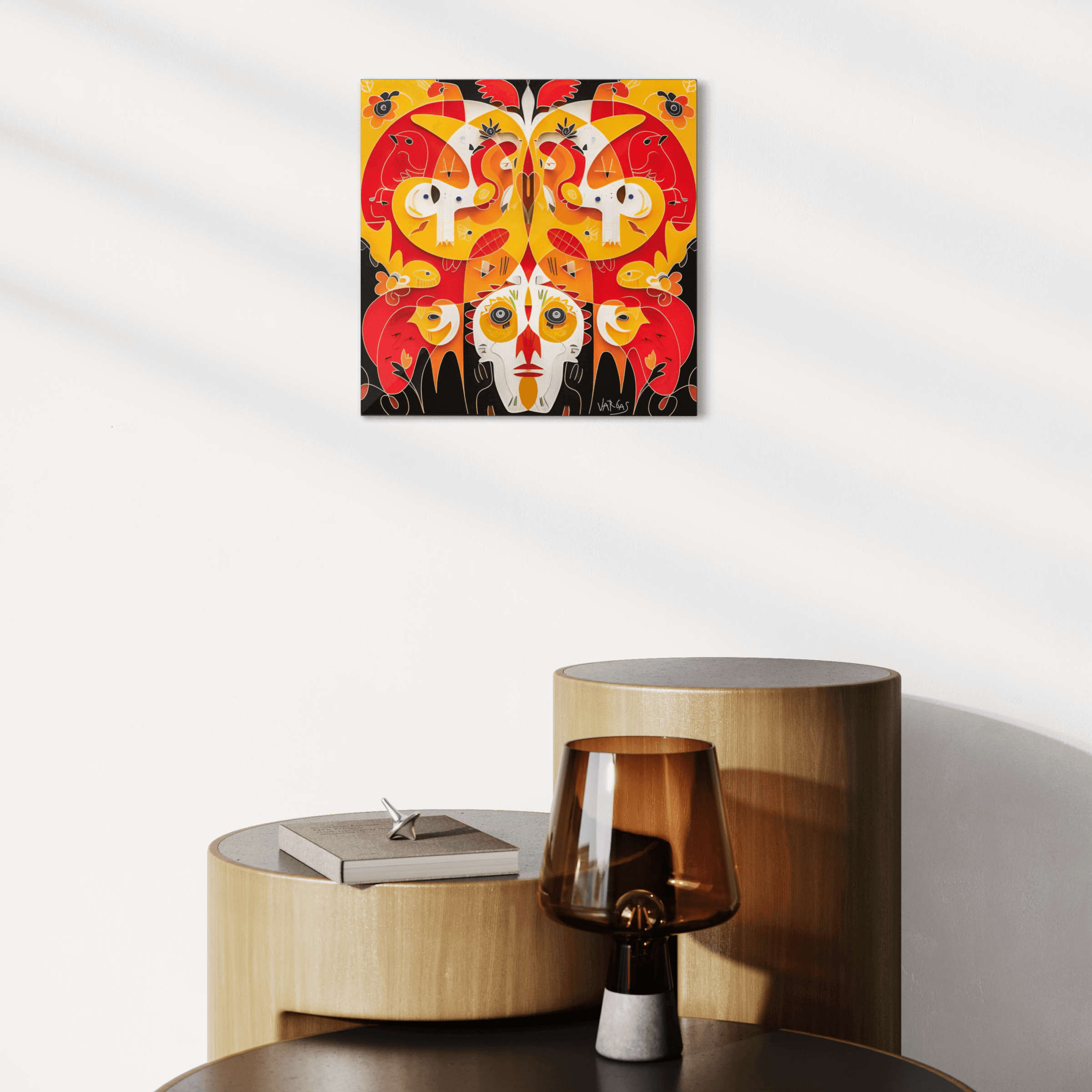"Disguise the Limit 16x16 Metal Print featuring vibrant Caribbean ritual headdress design with intense celebration colors on wall above modern table"