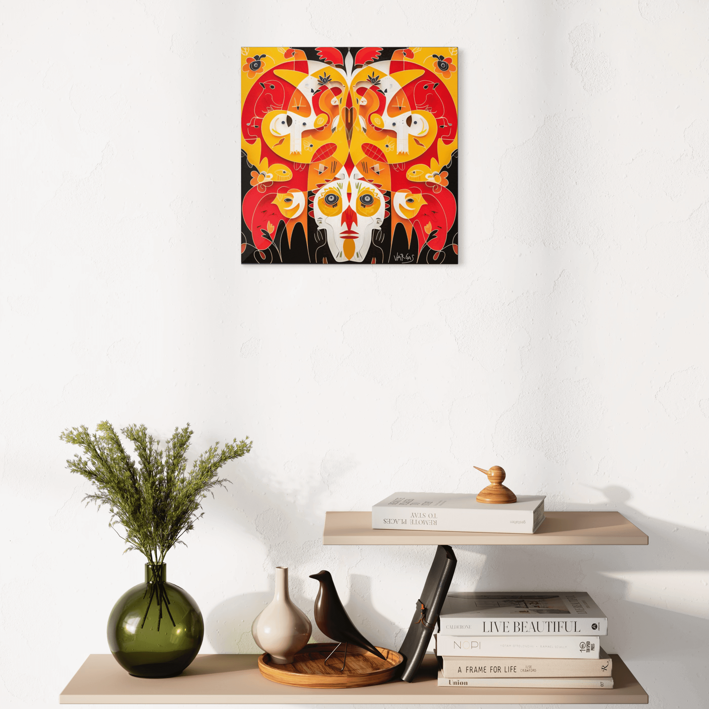 Disguise the Limit 16x16 metal print with vibrant Caribbean-inspired colors and patterns, enhancing a modern living space.