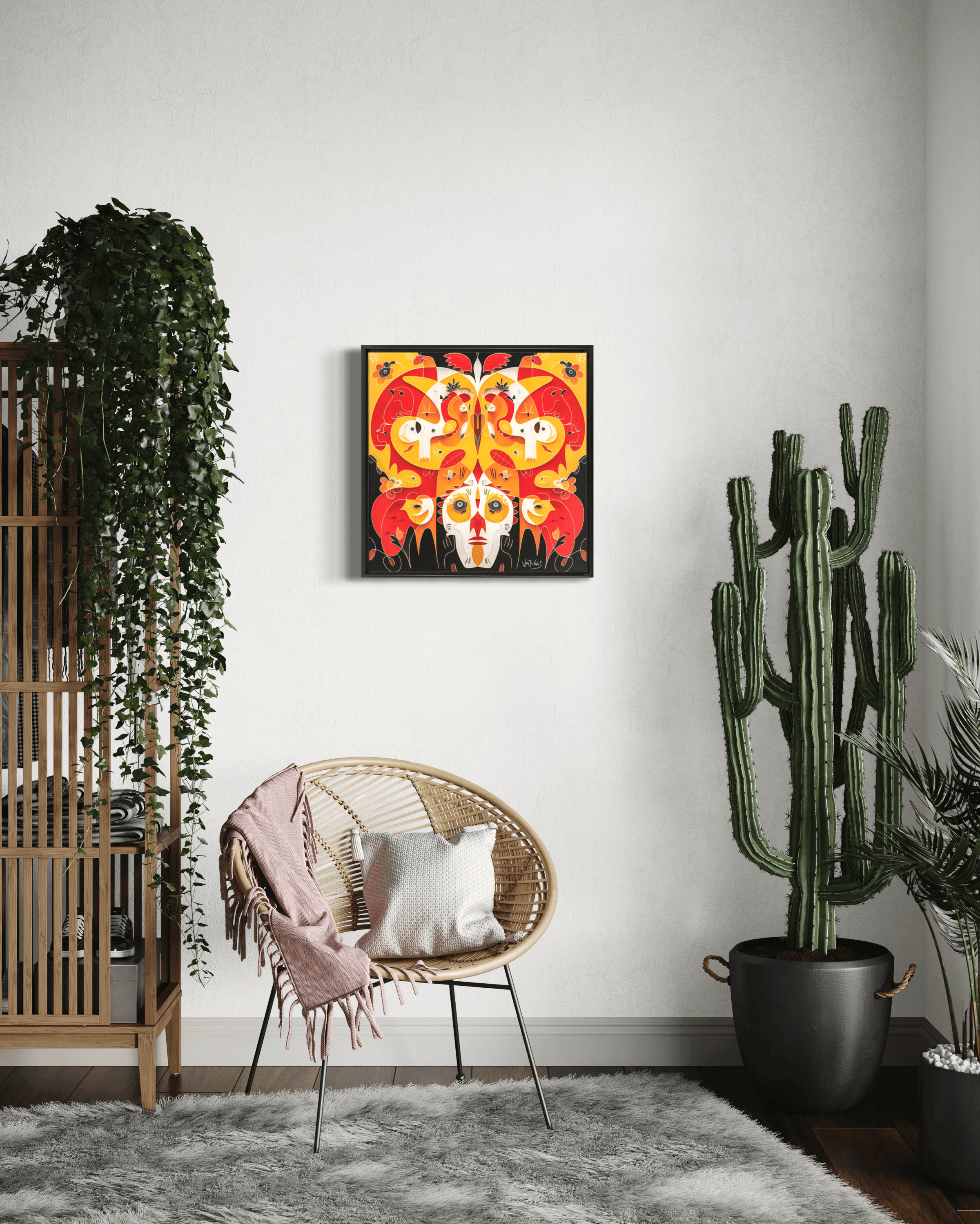 "Disguise the Limit 24x24 Framed Canvas Wrap - Caribbean Culture Art Piece in modern room with plants and wicker chair"