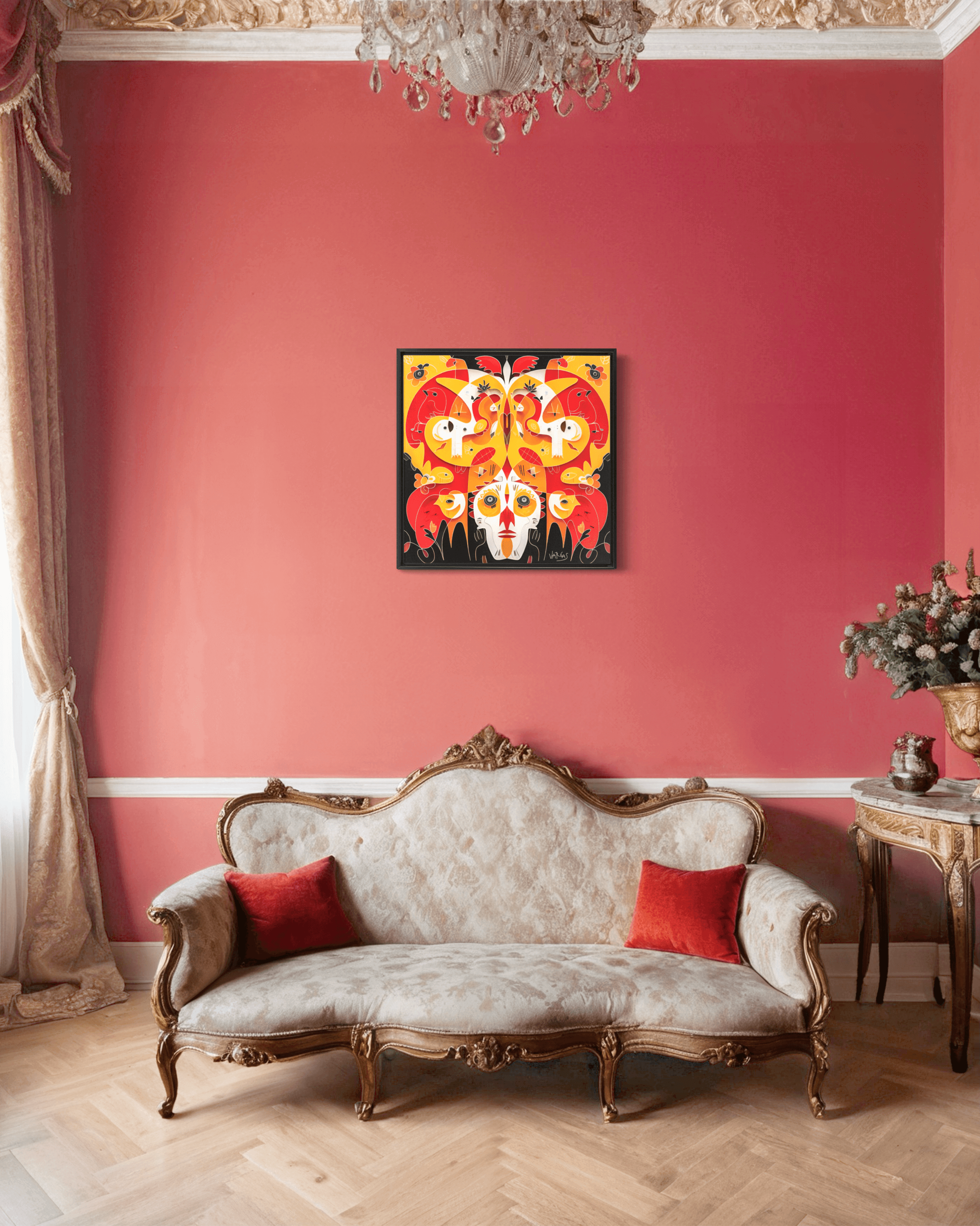 "Disguise the Limit' framed canvas wrap featuring Caribbean headdress art displayed above vintage sofa in elegant living room"