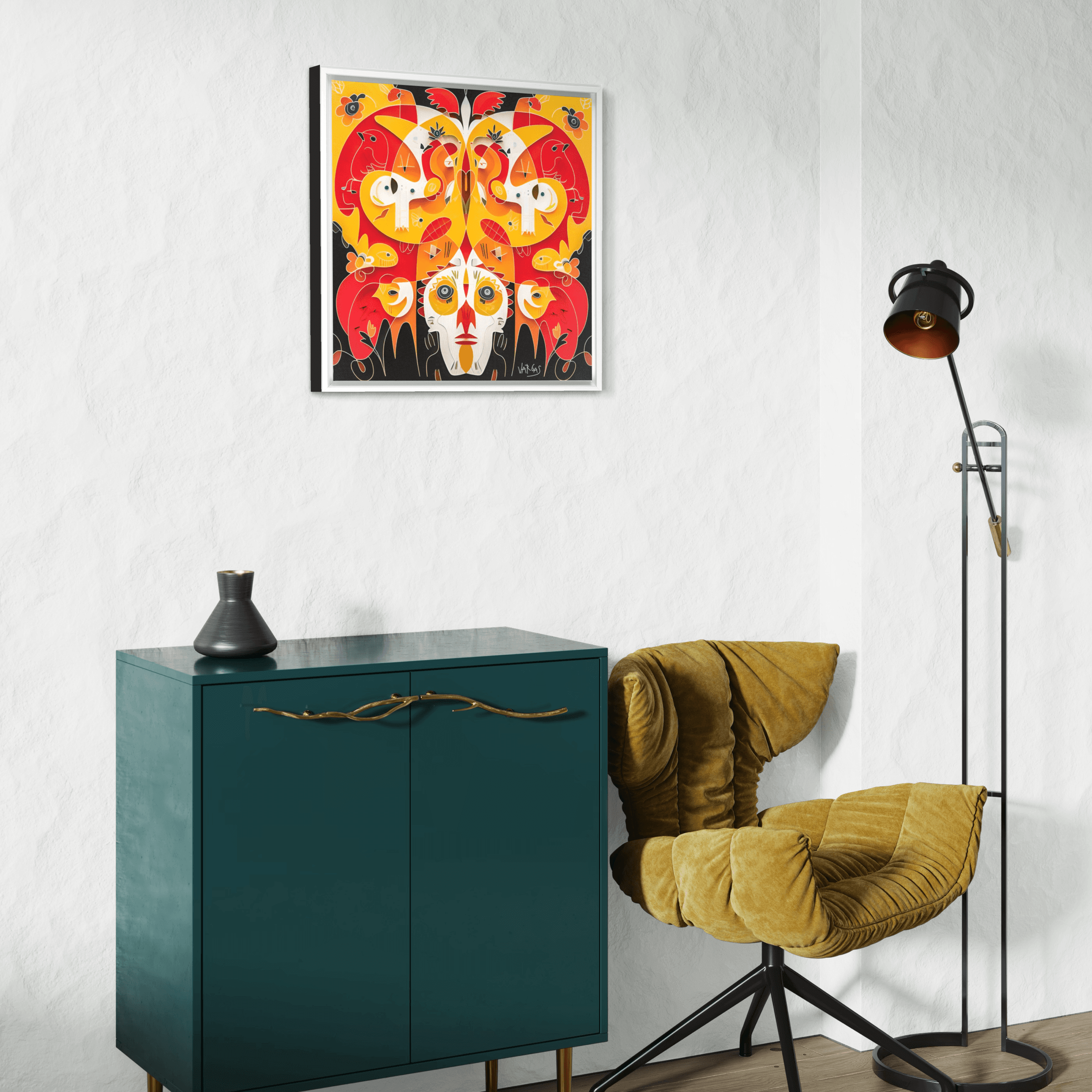 Colorful Caribbean-inspired 24x24 framed canvas wrap titled 'Disguise the Limit' displayed in a modern living room setting.