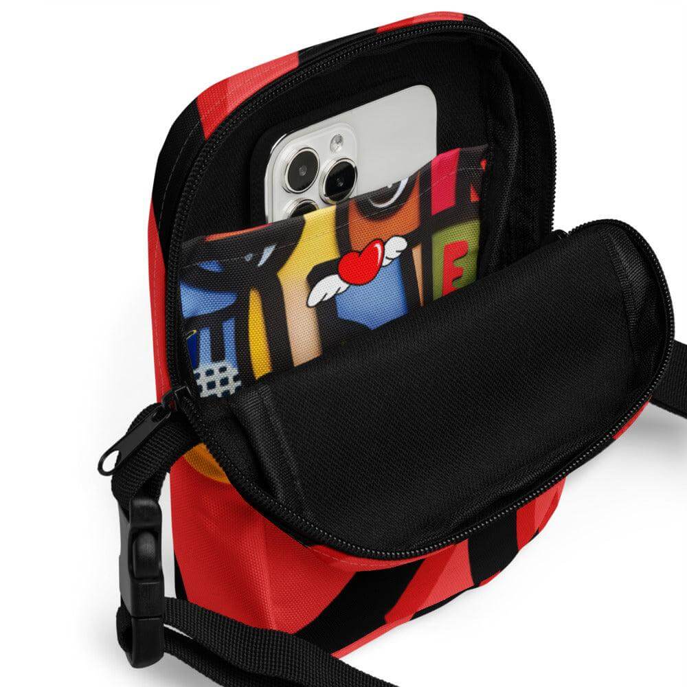 Hora Magica Utility Crossbody Bag phone pocket with colorful interior design and adjustable straps